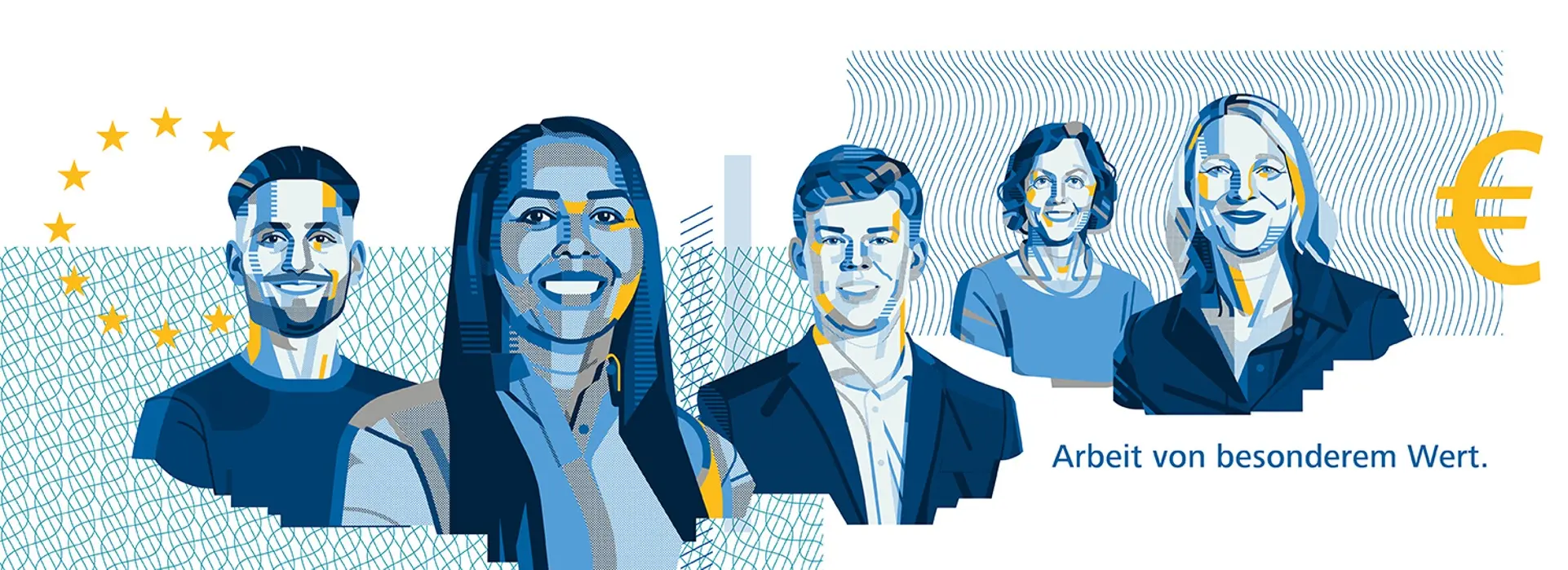 Illustration von fünf lächelnden Menschen in Blau und Gelb, Bundesbank „Arbeit von besonderem Wert.“