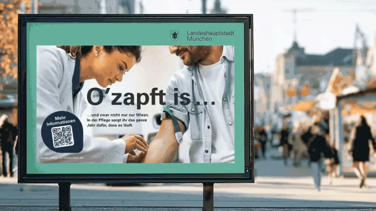 Kampagnenmotiv der Landeshauptstadt München aus der Pflege-Recruiting-Kampagne „Wir pflegen“.