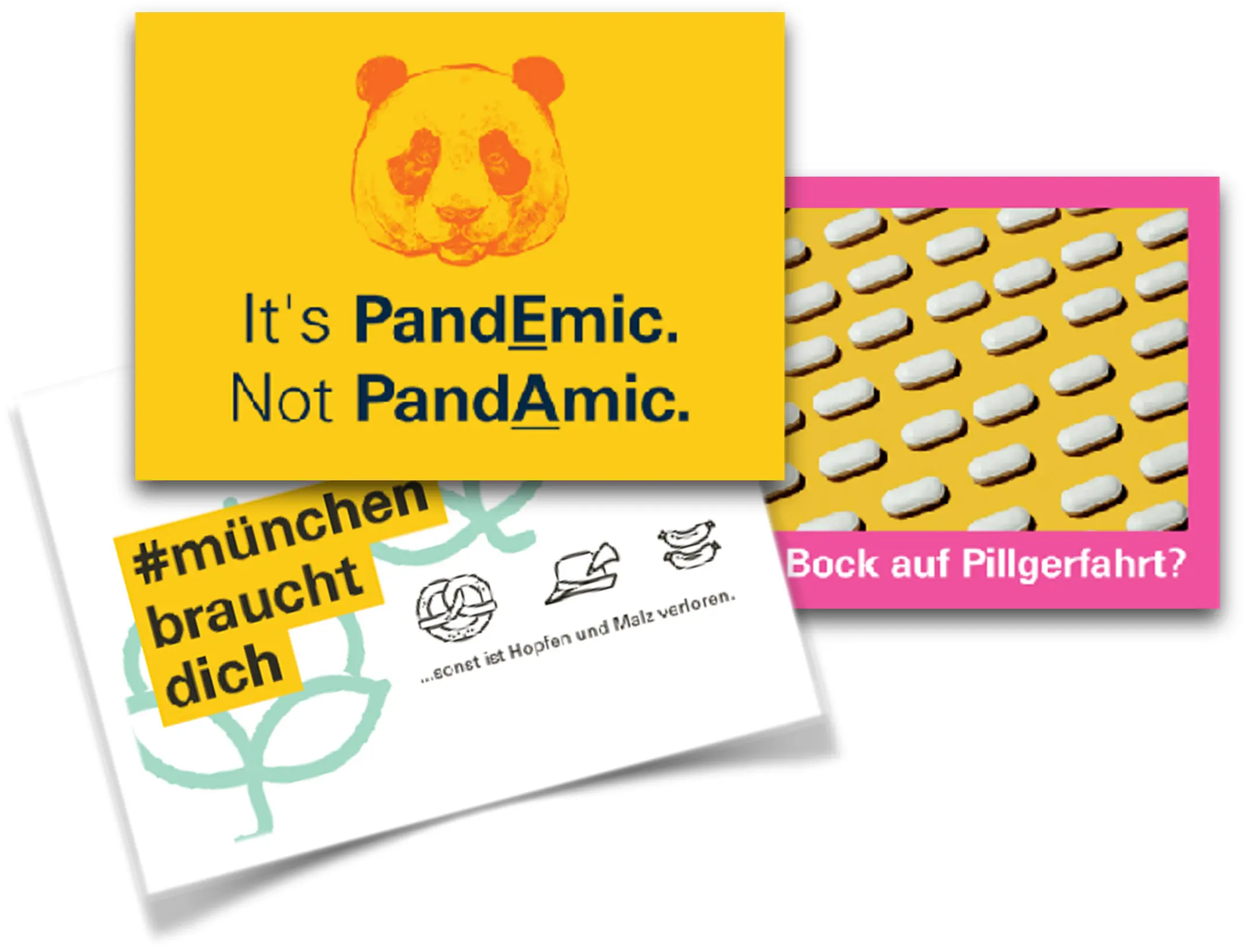 Drei Postkarten der Münchner Pflegekampagne, u. a. „It’s PandEmic. Not PandAmic.“ mit Panda-Motiv